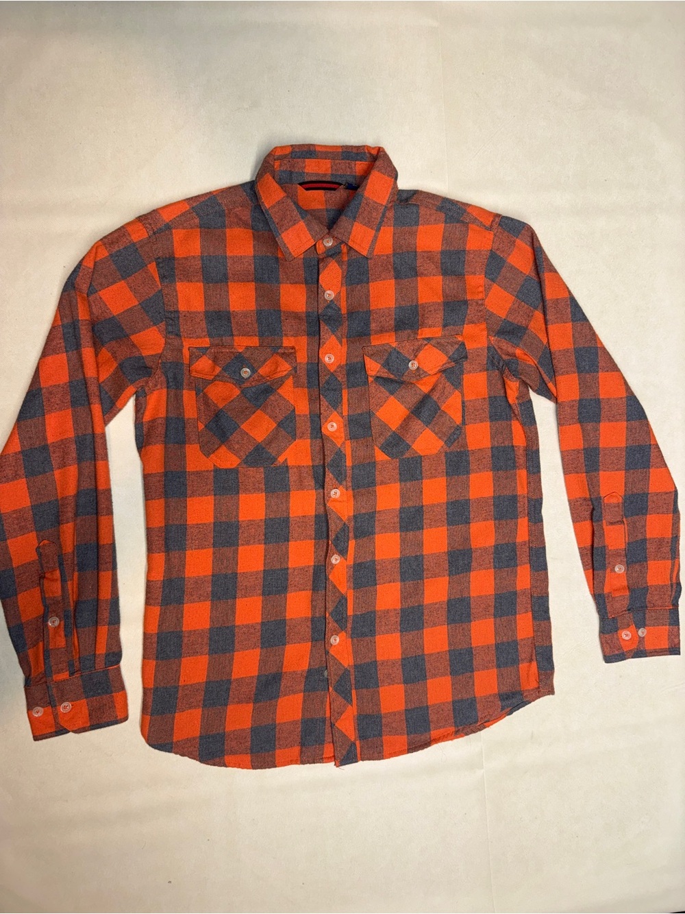 Men's Orange and Gray Plaid Casual Button-Down Shirt with Chest Pockets